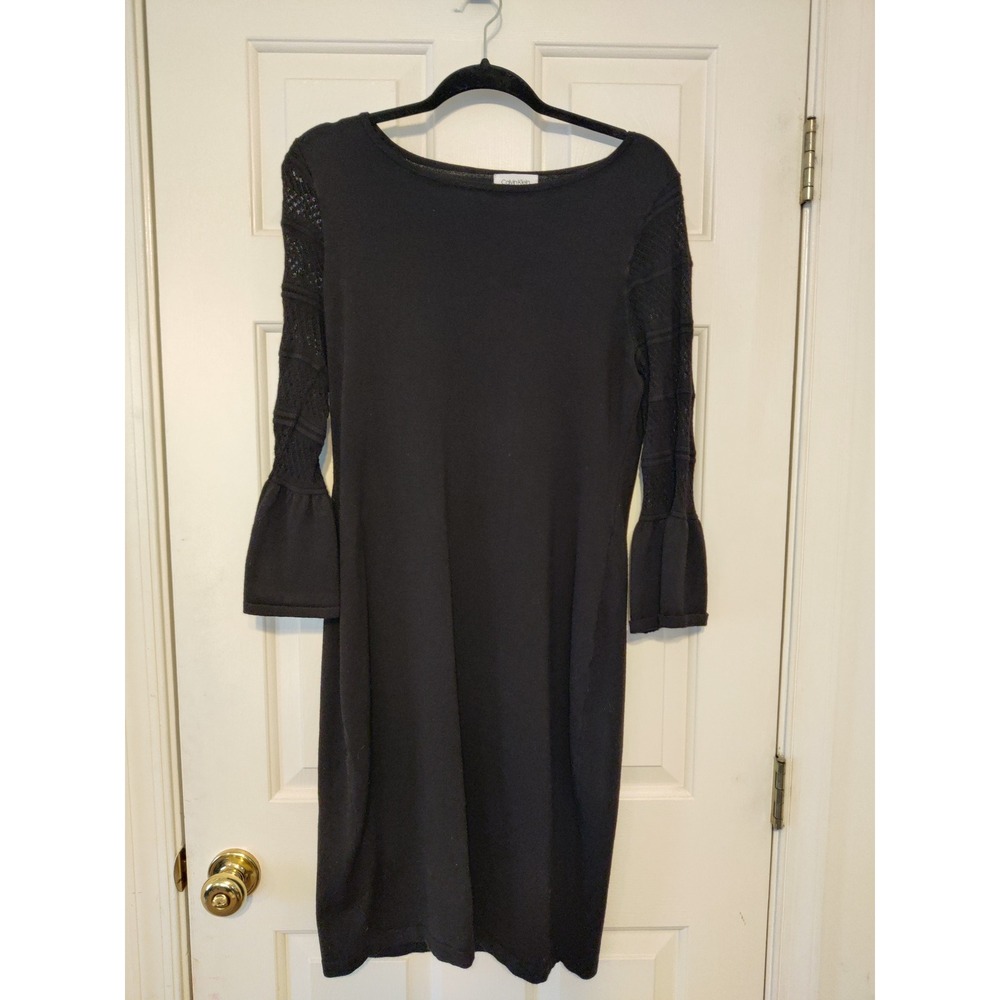 Calvin Klein Black‎ Knit Dress Crochet Bell Sleeve Sheath Women's L